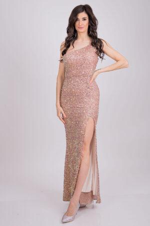 Рокля официална, дълга, с елегантна цепка и блясък Rose Gold