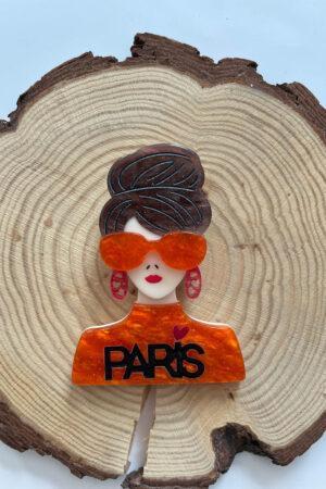 Брошка Момиче в оранжево с фин блясък Orange Paris Girl