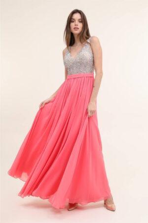 Рокля официална дълга в коралов цвят с блясък Coral Sparkles
