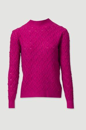 Пуловер с плетеница цвят фуксия Fuchsia Luxury