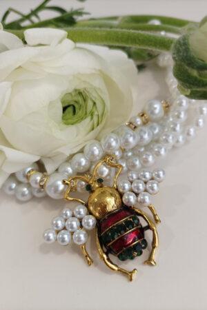 Брошка пчела с перлички в червено Bee Pearls in Rouge