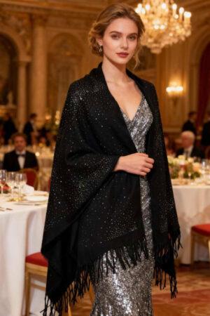 Официален шал с блясък в черно с вълна и вискоза Shine in Black