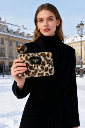 Пухкав клъч тигрово с екрю Leopard Ecru 13x20cm