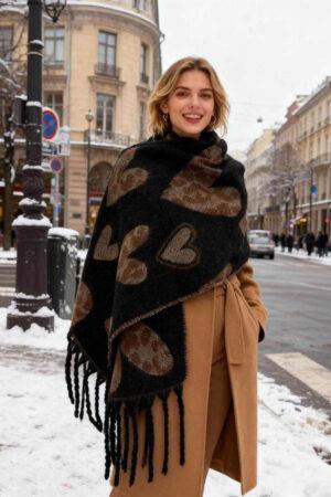 Шал леопардов принт на сърца в черно с вълна Leopard Black Hearts