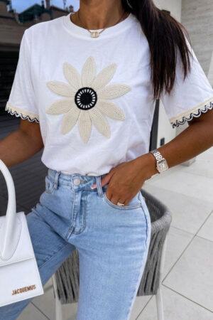 Тениска с красиво цвете и ефектни ръкавчета Cotton Flower