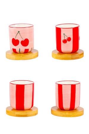 Комплект 4 порцеланови чаши с черешки върху дървени подложки Cherry Coffee Cups