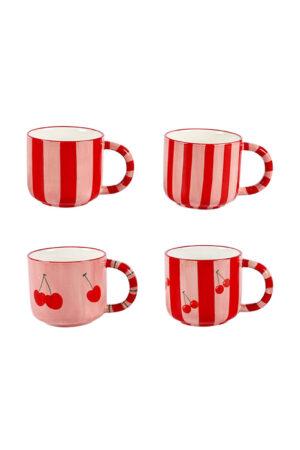 Комплект 4 порцеланови чашки с дръжка на черешки Cherry Red Stripes