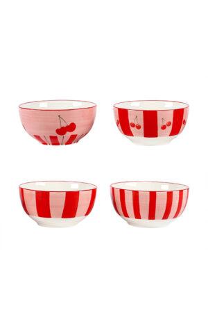Комплект 4 порцеланови купички на черешки Cherry Red Stripes